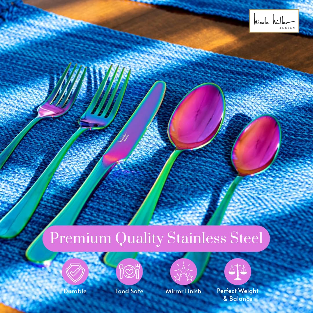 Nicole Miller 20-Piece Rainbow Flatware Set - Modern Stainles Steel Kitchen Utensils For A Stylish Dining, Service for 4 - Image 4