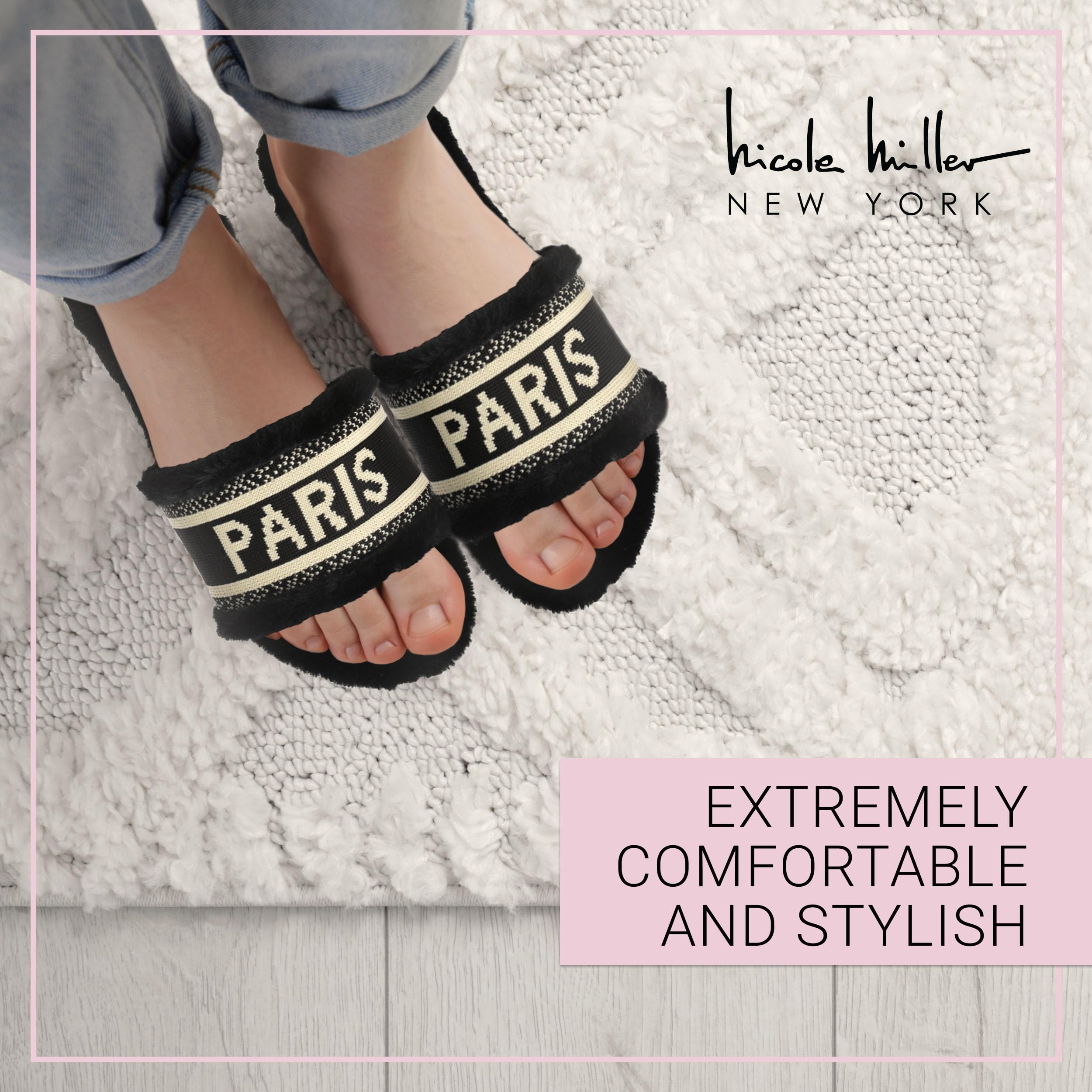 Nicole Miller Paris Flat Slide Slippers for Women, Chic Faux Fur Lined Sandals - Fashionable Women's Slippers Perfect for Indoor & Outdoor Use - Stylish Gifts for Women - Image 3