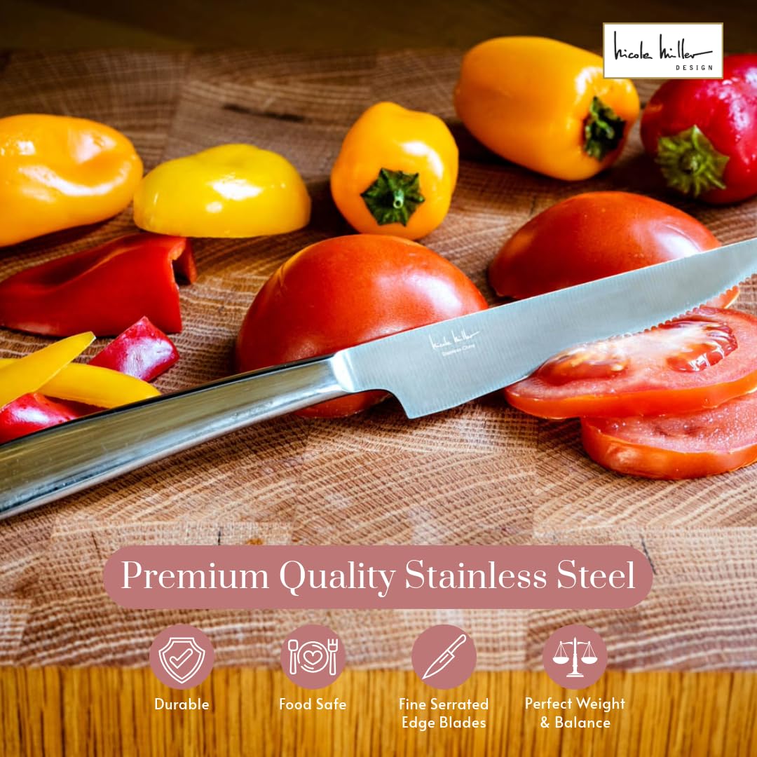 Nicole Miller Steak Knife Set - 8-Piece Stainless Steel Steak Knife Set with Mahogany Storage Case - Image 4