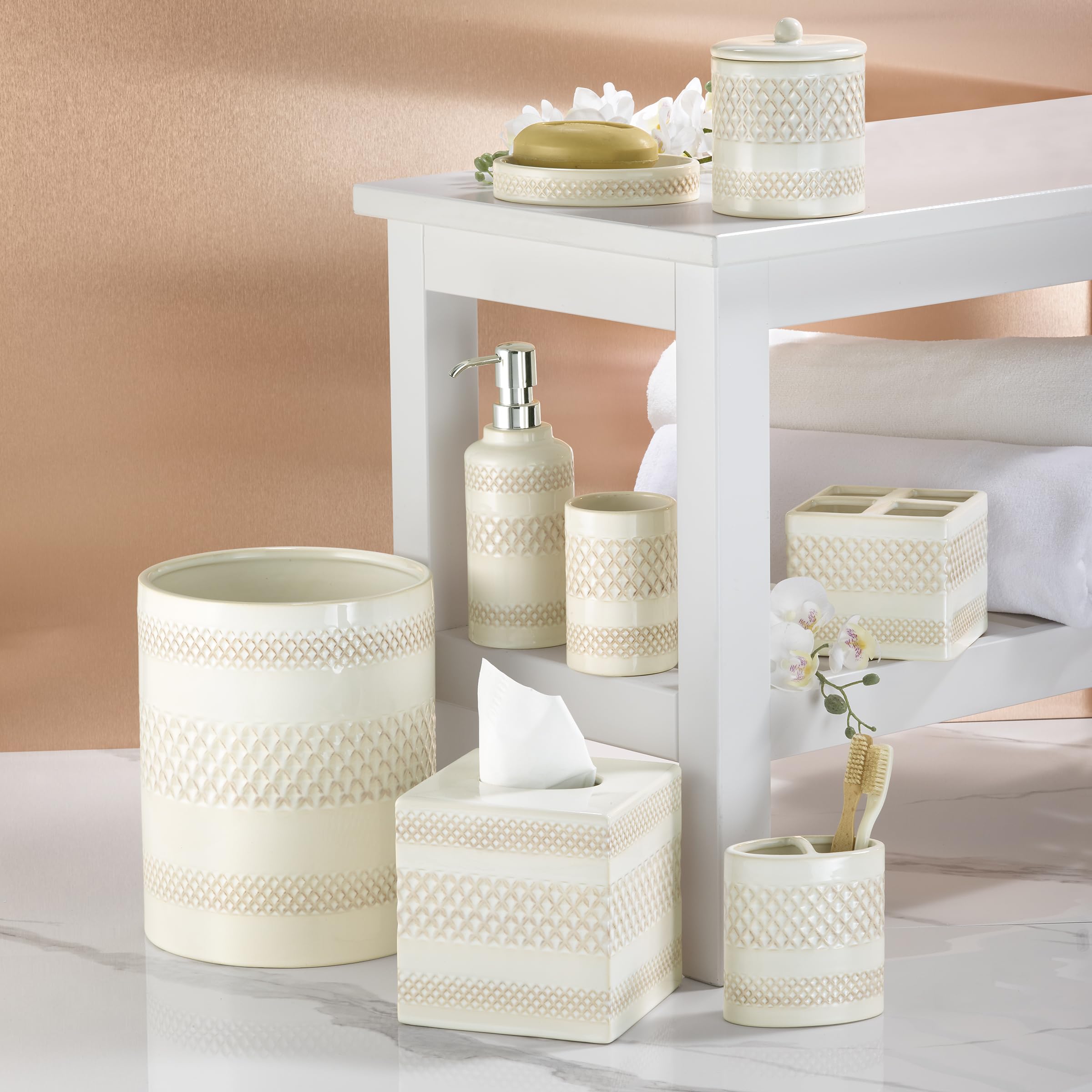 Nicole Miller – Covered Jar, Glossy Ceramic with Embossed Trellis & Reactive Glaze, Decorative Storage for Bathroom, Kitchen, Bedroom or Office (Lyra) - Image 4